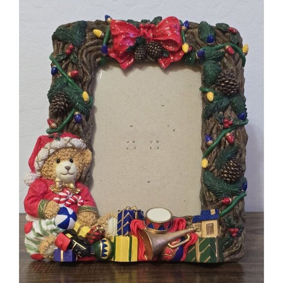 3D Christmas Teddy Bear Picture Frame With Festive Bow & Garland 4"x6" - Picture 2 of 8